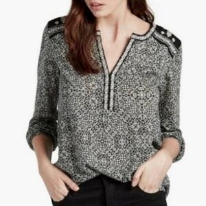 LUCKY BRAND White & Black Embroidered Long Sleeve Boho Blouse Top Sz 1X